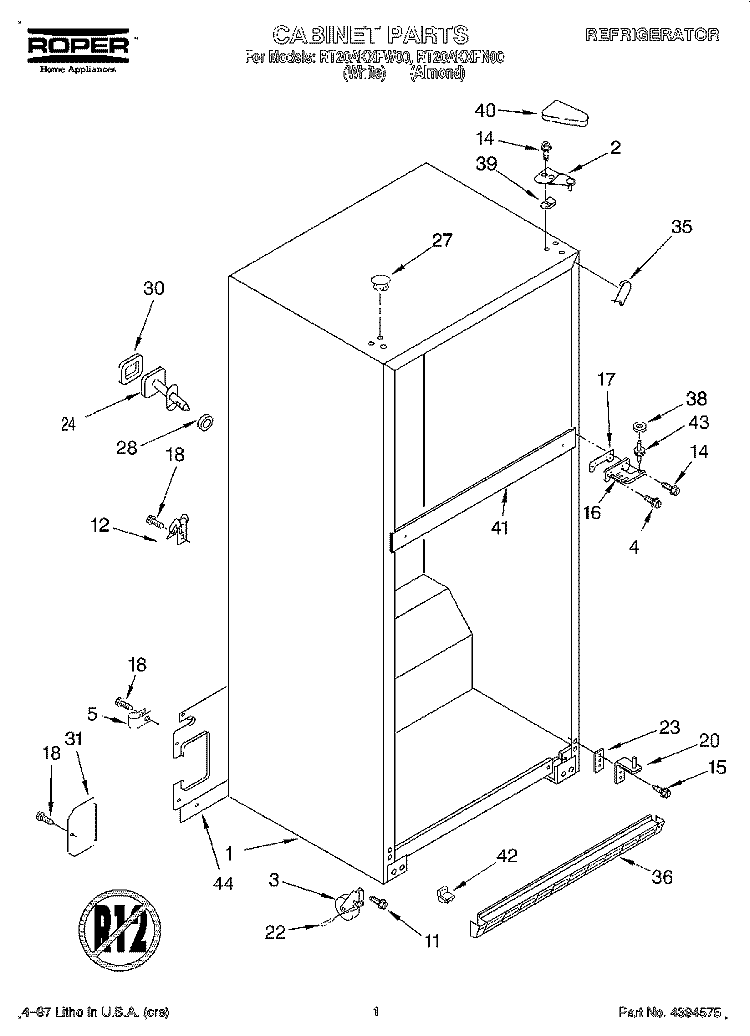 CABINET Diagram and Parts List for RT20AKXFW00  Roper Refrigerator
