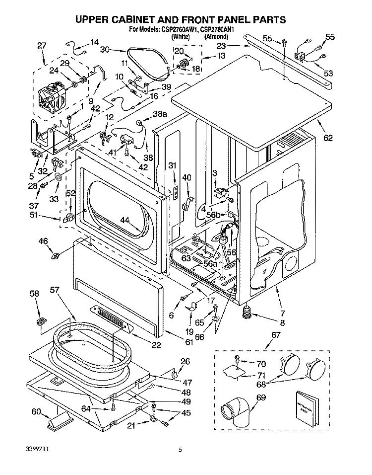UPPER CABINET AND FRONT PANEL Diagram and Parts List for CSP2760AW1  Whirlpool Dryer