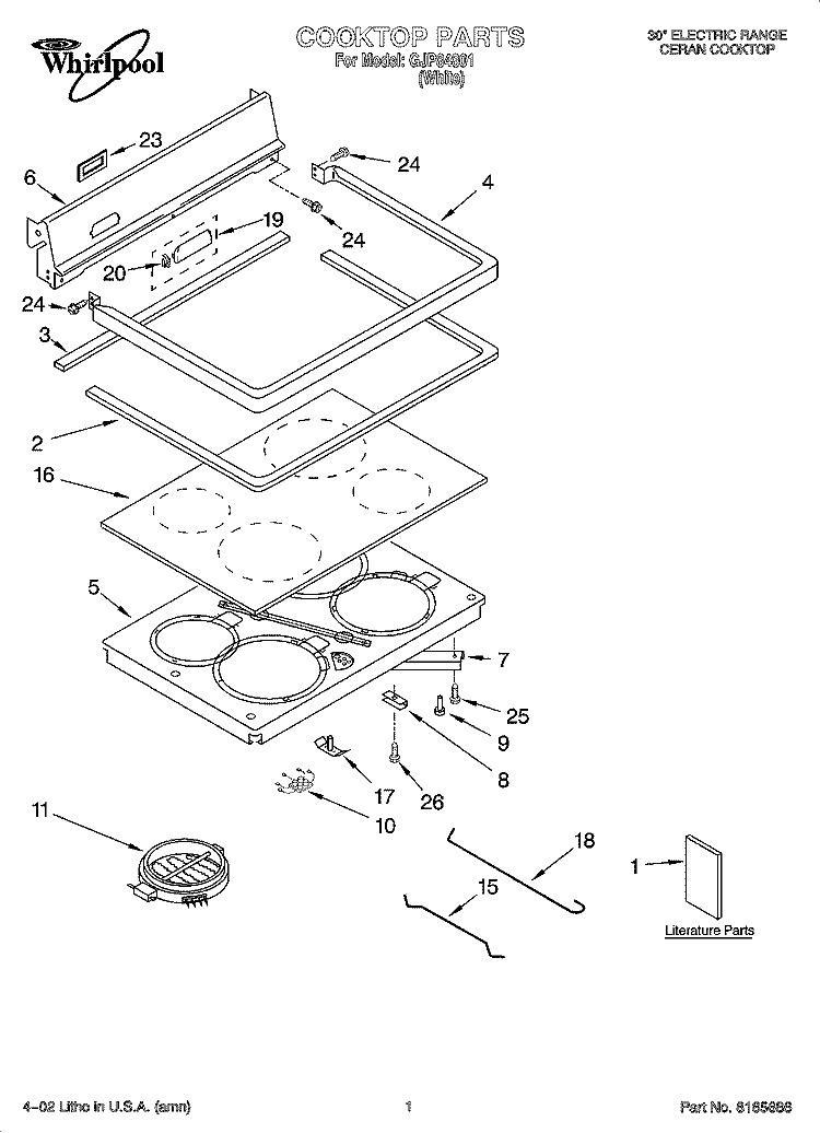 COOKTOP PARTS Diagram and Parts List for GJP84801  Whirlpool Range