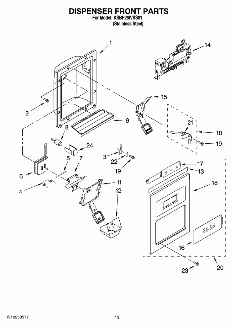 DISPENSER FRONT PARTS Diagram and Parts List for KSBP25IVSS01  KitchenAid Refrigerator