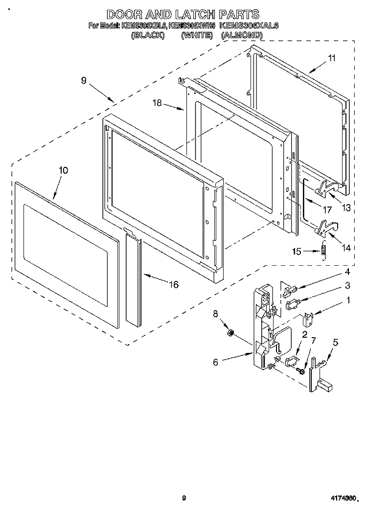 DOOR AND LATCH Diagram and Parts List for KEMS306XWH6  KitchenAid Wall Oven