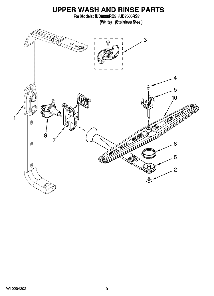 UPPER WASH AND RINSE PARTS Diagram and Parts List for IUD8000RS8  Whirlpool Dishwasher
