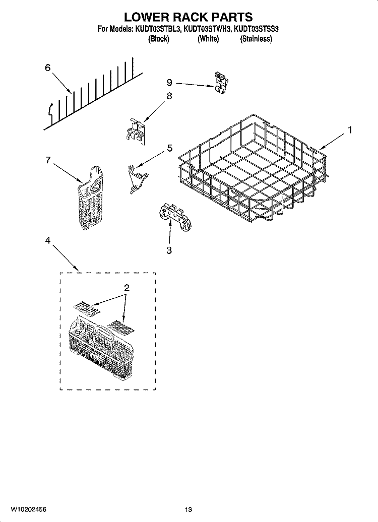 LOWER RACK PARTS Diagram and Parts List for KUDT03STSS3  KitchenAid Dishwasher