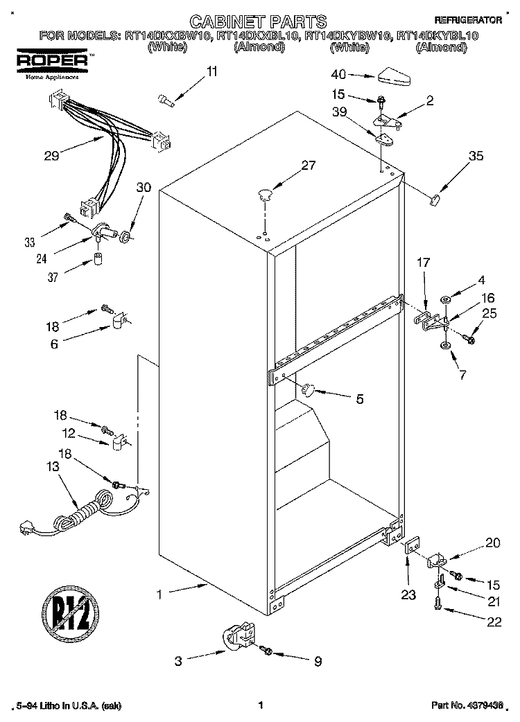 CABINET Diagram and Parts List for RT14DKYBW10  Roper Refrigerator