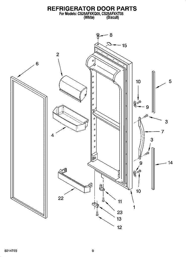 REFRIGERATOR DOOR PARTS Diagram and Parts List for CS25AFXKQ05  Crosley Refrigerator