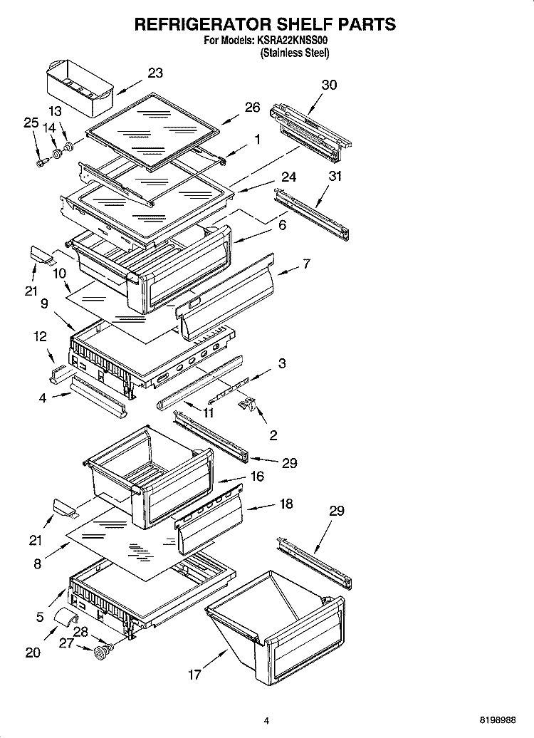 REFRIGERATOR SHELF PARTS Diagram and Parts List for KSRA22KNSS00  KitchenAid Refrigerator