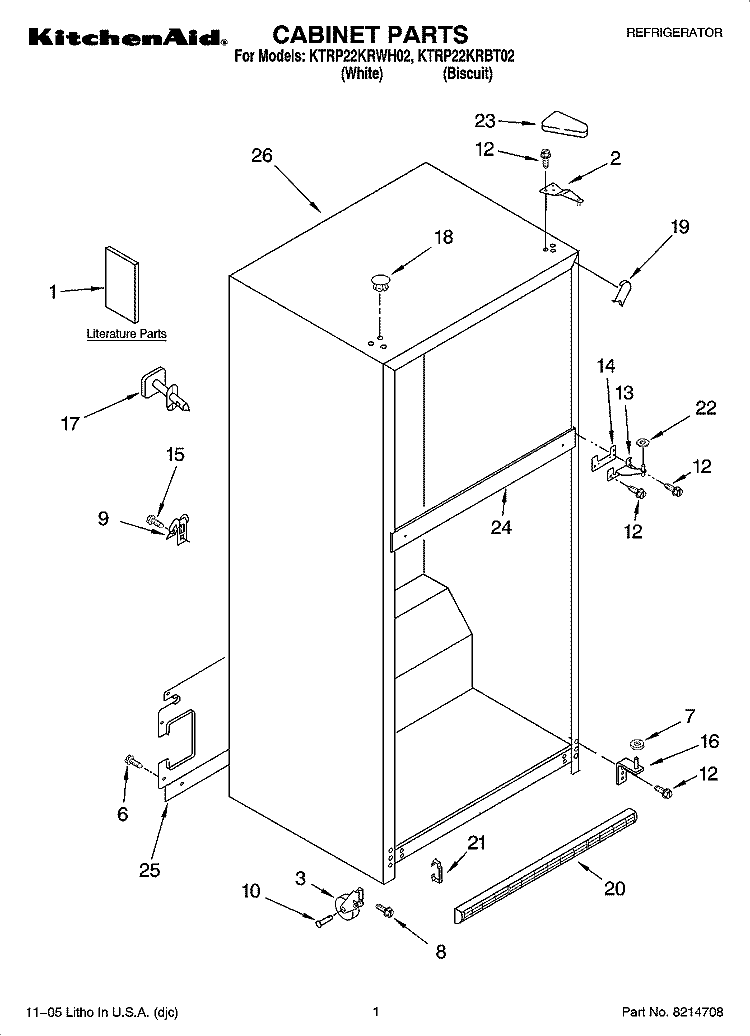 CABINET PARTS Diagram and Parts List for KTRP22KRWH02  KitchenAid Refrigerator