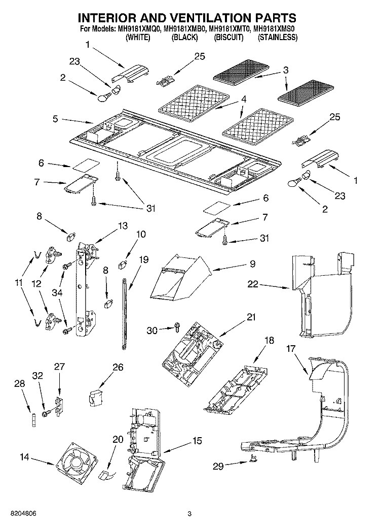 INTERIOR AND VENTILATION PARTS Diagram and Parts List for MH9181XMQ0  Whirlpool Microwave