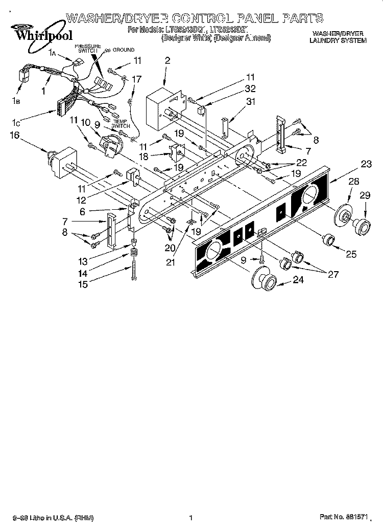 WASHER/DRYER CONTROL PANEL Diagram and Parts List for LTG5243DQ1  Whirlpool Washer Dryer Combo