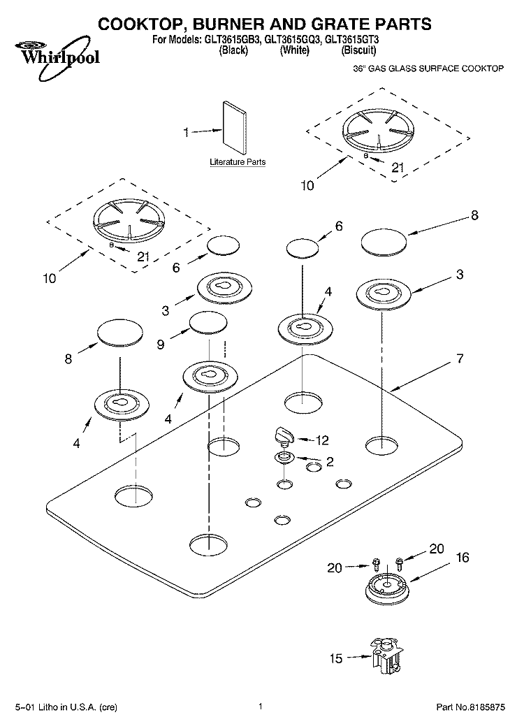 SECTION Diagram and Parts List for GLT3615GB3  Whirlpool Cooktop
