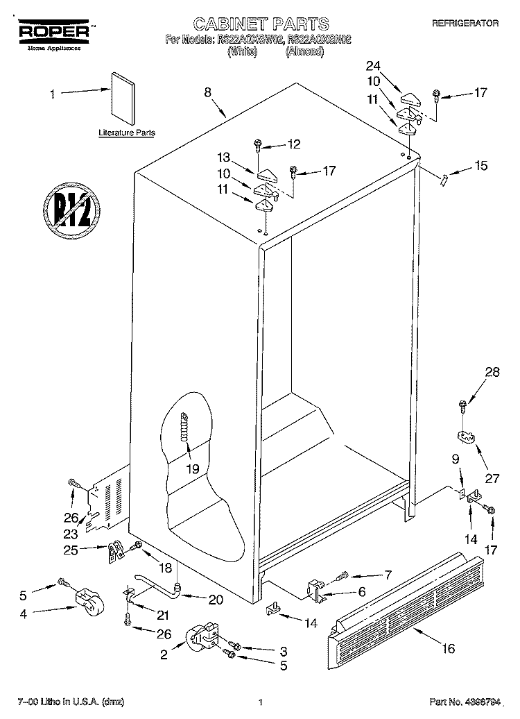 CABINET, LITERATURE Diagram and Parts List for RS22AQXGN02  Roper Refrigerator