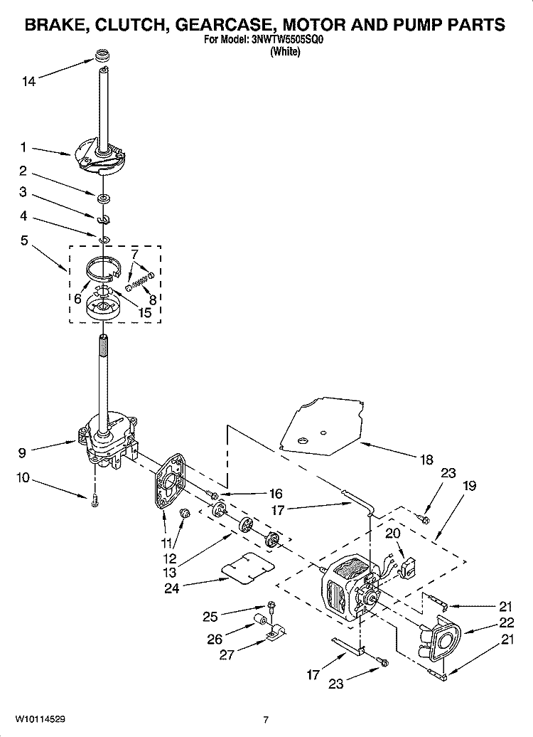 BRAKE, CLUTCH, GEARCASE, MOTOR AND PUMP PARTS Diagram and Parts List for 3NWTW5505SQ0  Whirlpool Washer