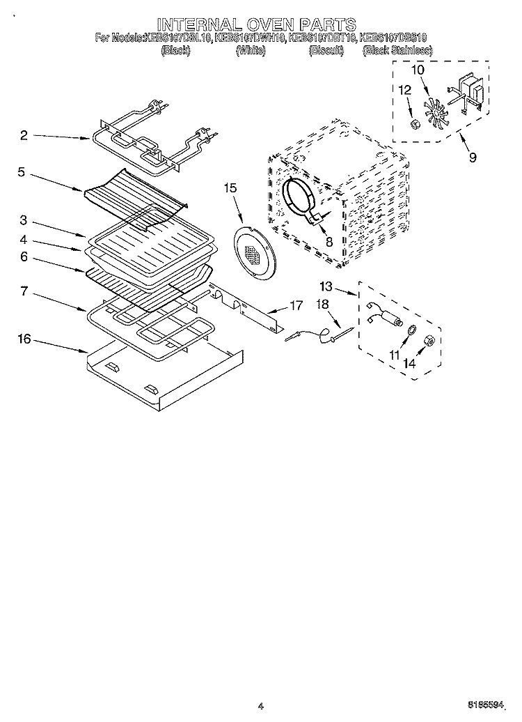 INTERNAL OVEN Diagram and Parts List for KEBS107DBS10  KitchenAid Wall Oven