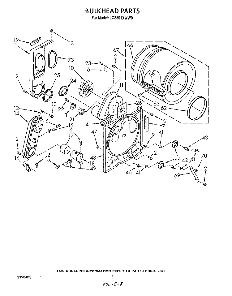 BULKHEAD Diagram and Parts List for LG8601XWN0  Whirlpool Dryer