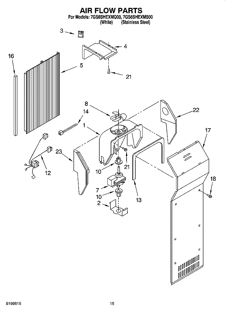 AIR FLOW PARTS Diagram and Parts List for 7GS6SHEXMS00  Whirlpool Refrigerator