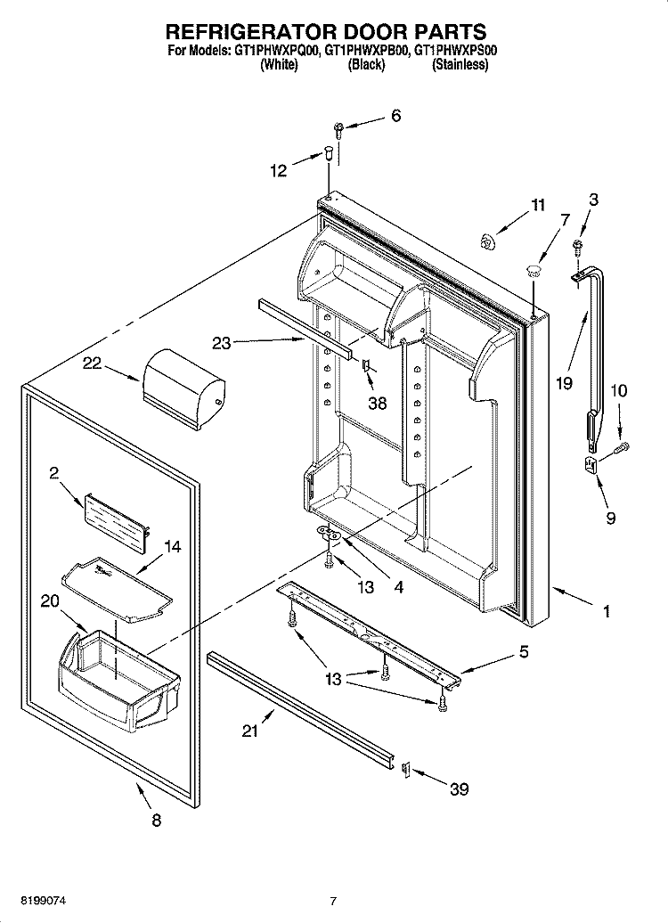 REFRIGERATOR DOOR PARTS Diagram and Parts List for GT1PHWXPS00  Whirlpool Refrigerator