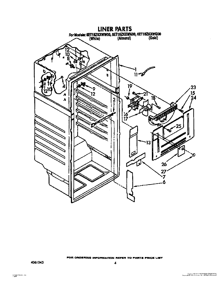 LINER Diagram and Parts List for 6ET16ZKXWG00  Whirlpool Refrigerator