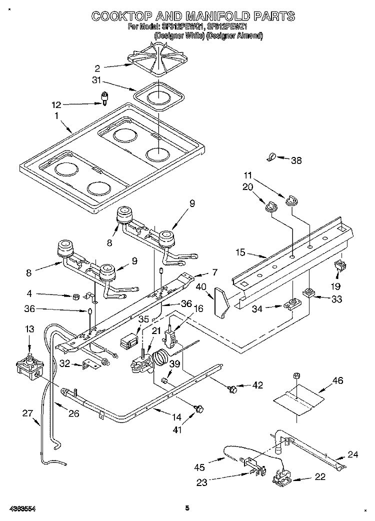 COOKTOP AND MANIFOLD, LITERATURE Diagram and Parts List for SF312PEWQ1  Whirlpool Range