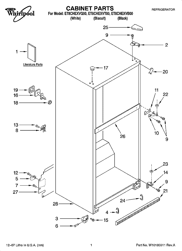 CABINET PARTS Diagram and Parts List for ET8CHEXVT00  Whirlpool Refrigerator