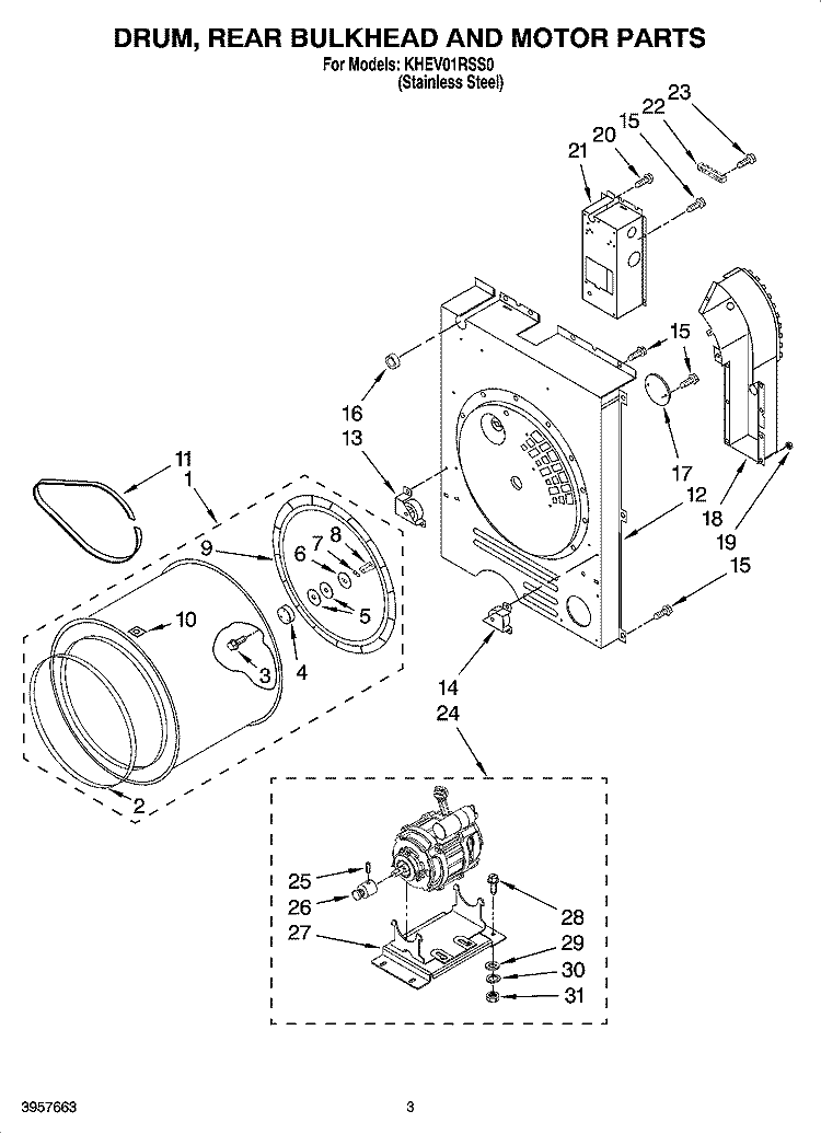 DRUM, REAR BULKHEAD AND MOTOR PARTS Diagram and Parts List for KHEV01RSS0  KitchenAid Dryer