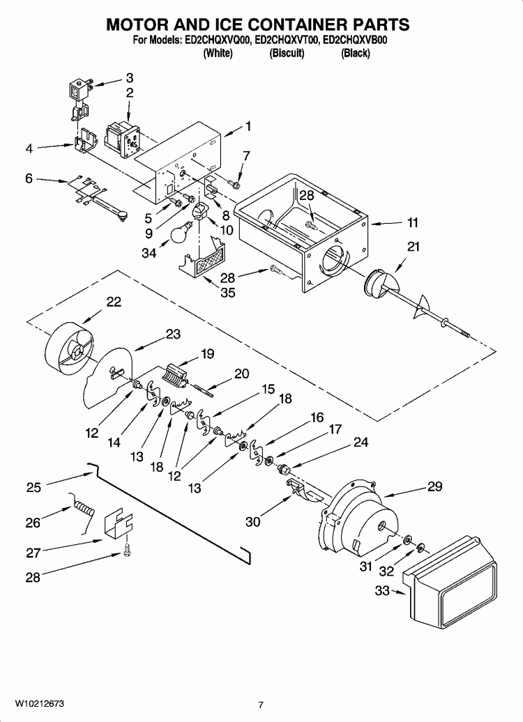 MOTOR AND ICE CONTAINER PARTS Diagram and Parts List for ED2CHQXVQ00  Whirlpool Refrigerator