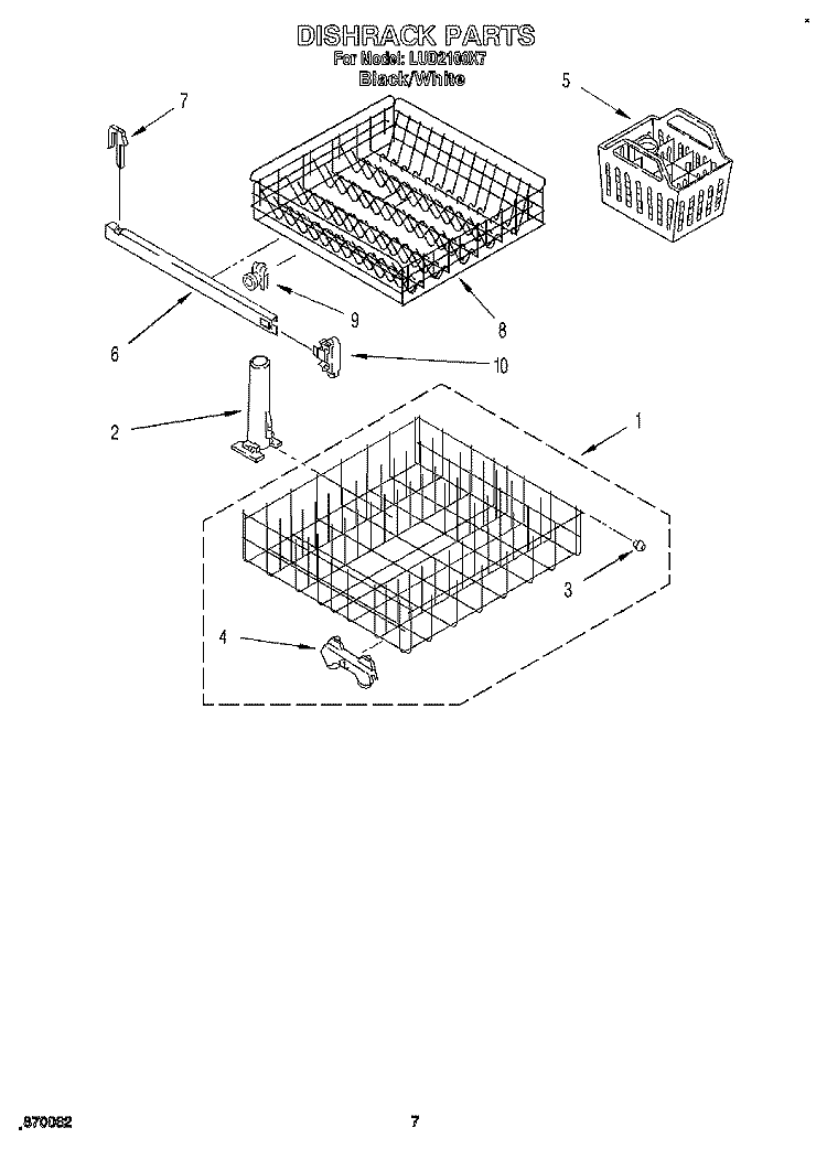 DISHRACK Diagram and Parts List for LUD2100X7  Whirlpool Dishwasher