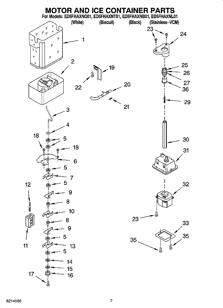 MOTOR AND ICE CONTAINER PARTS Diagram and Parts List for ED5FHAXNT01  Whirlpool Refrigerator