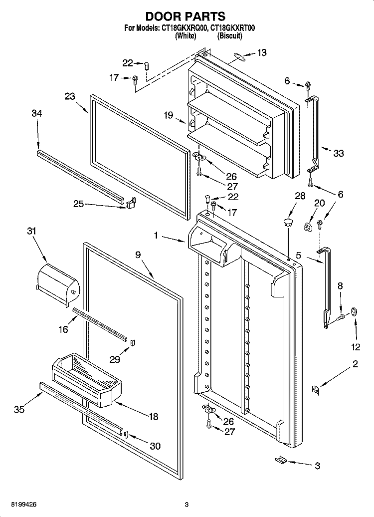 DOOR PARTS Diagram and Parts List for CT18GKXRT00  Whirlpool Refrigerator