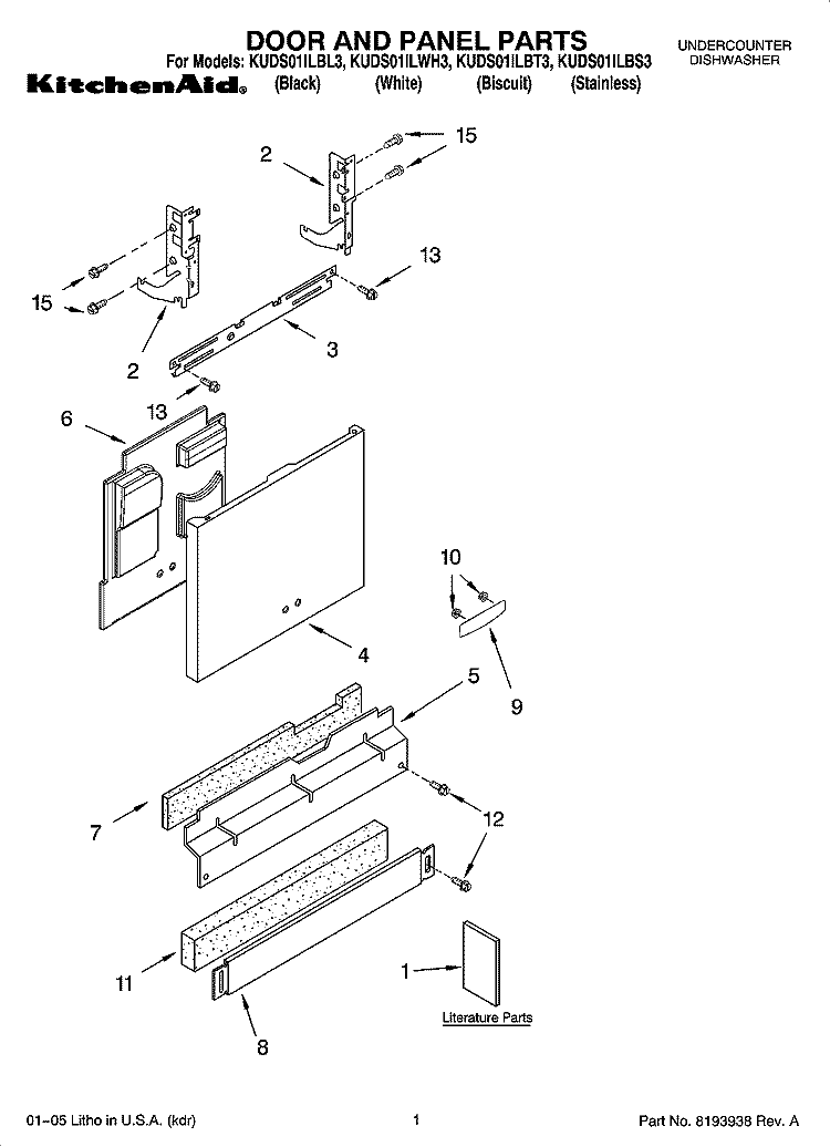 DOOR AND PANEL PARTS Diagram and Parts List for KUDS01ILBT3  KitchenAid Dishwasher