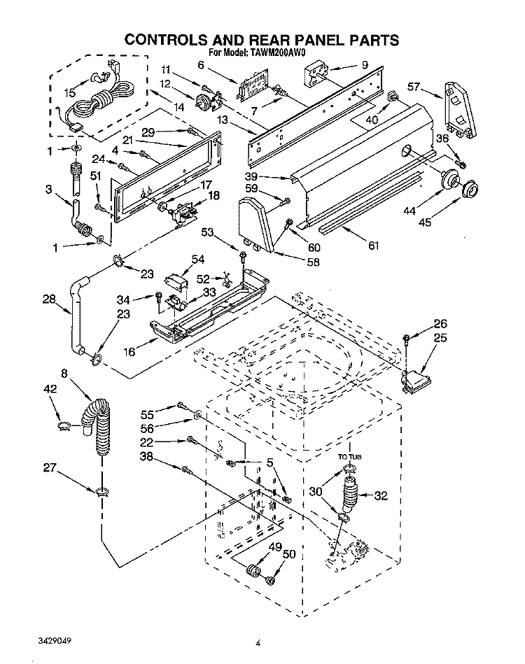 CONTROLS AND REAR PANEL Diagram and Parts List for TAWM200AN0  Estate Washer