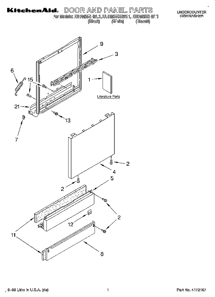 DOOR AND PANEL, LITERATURE Diagram and Parts List for KUDM25SHBT1  KitchenAid Dishwasher