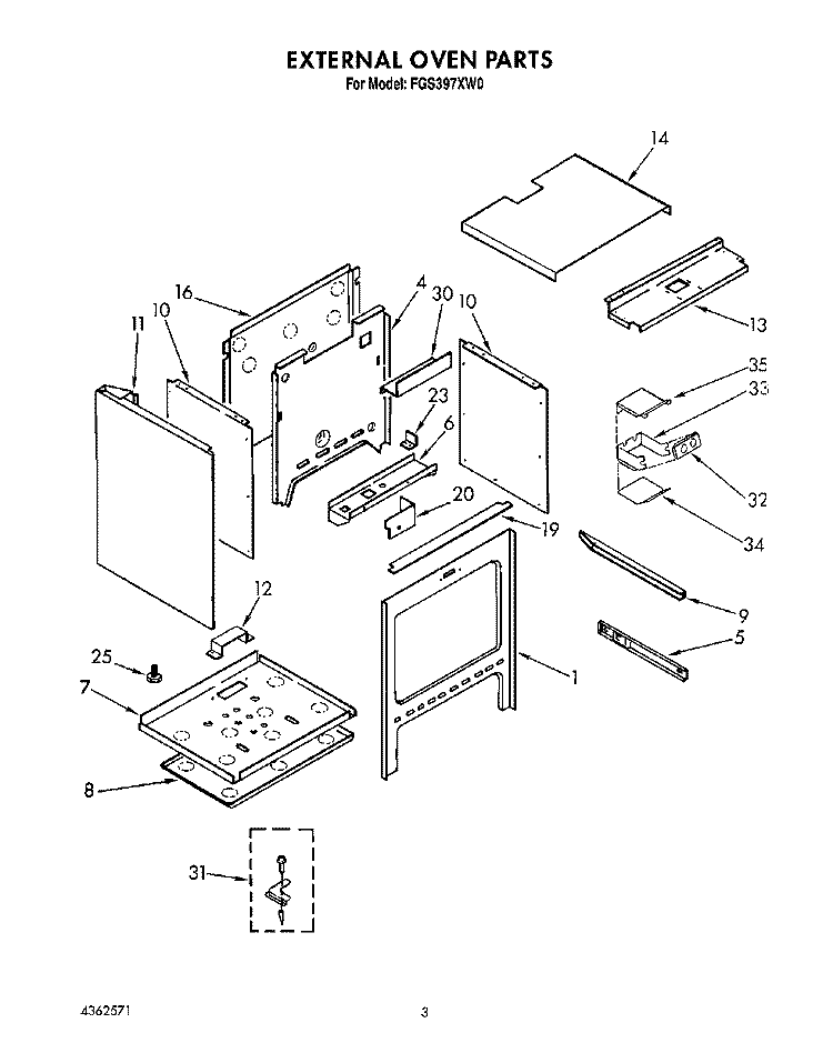 EXTERNAL OVEN Diagram and Parts List for FGS397XW0  Roper Range