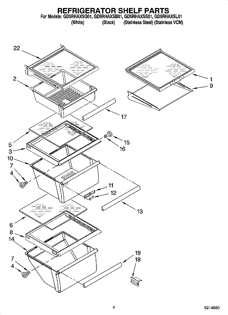 REFRIGERATOR SHELF PARTS Diagram and Parts List for GD5RHAXSS01  Whirlpool Refrigerator