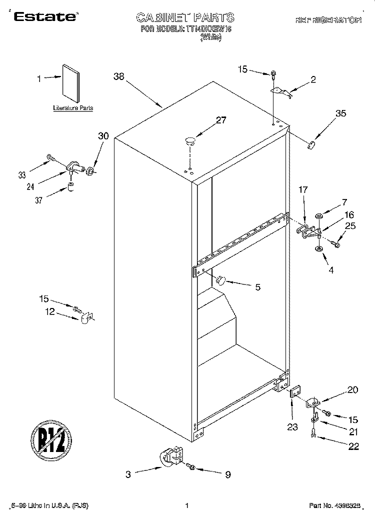 CABINET, LITERATURE Diagram and Parts List for TT14DKXEW16  Estate Refrigerator