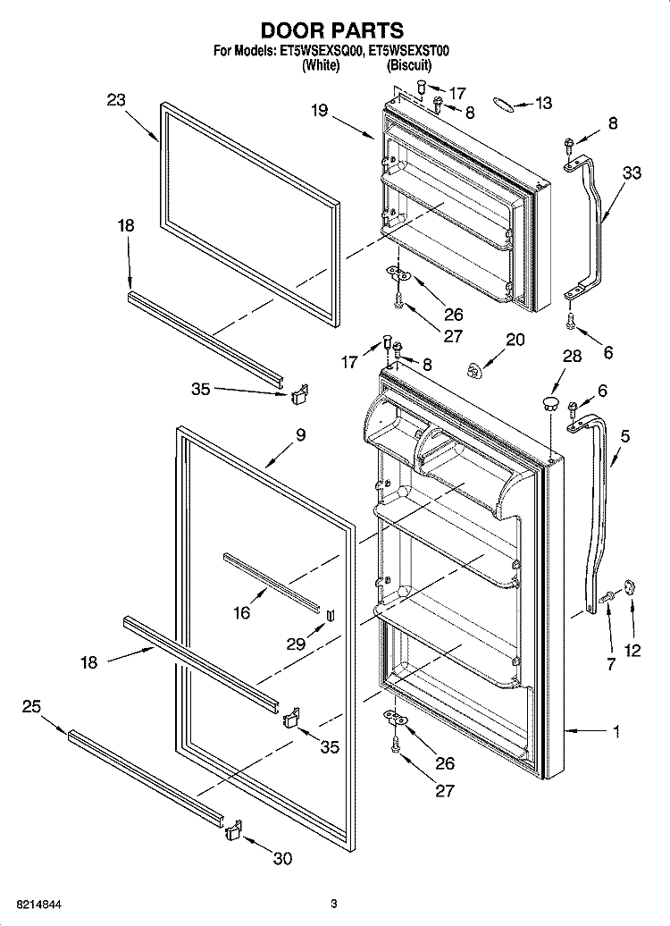 DOOR PARTS Diagram and Parts List for ET5WSEXST00  Whirlpool Refrigerator