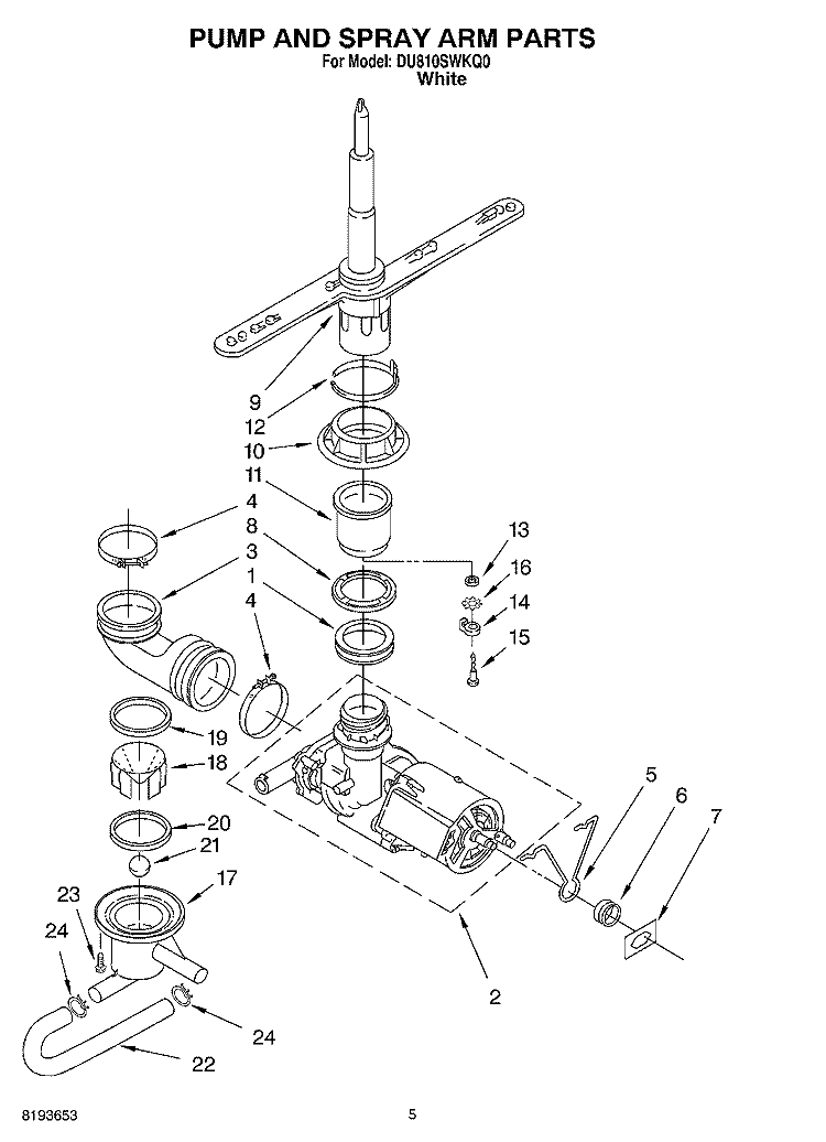 PUMP AND SPRAY ARM Diagram and Parts List for DU810SWKQ0  Whirlpool Dishwasher