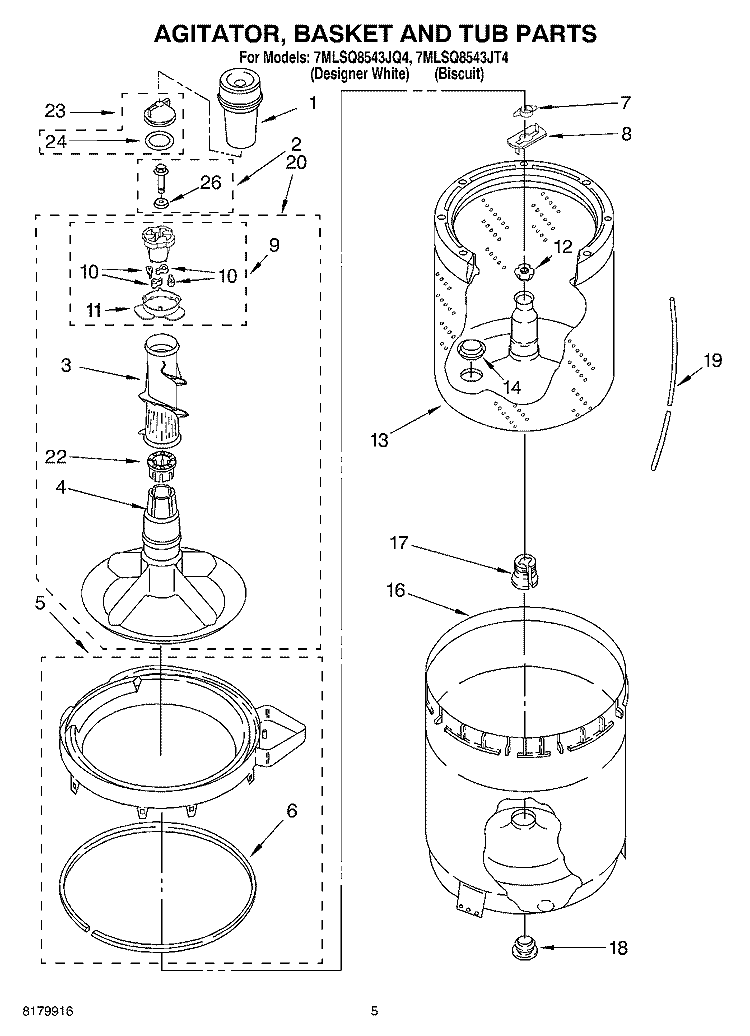 AGITATOR, BASKET AND TUB Diagram and Parts List for 7MLSQ8543JQ4  Whirlpool Washer