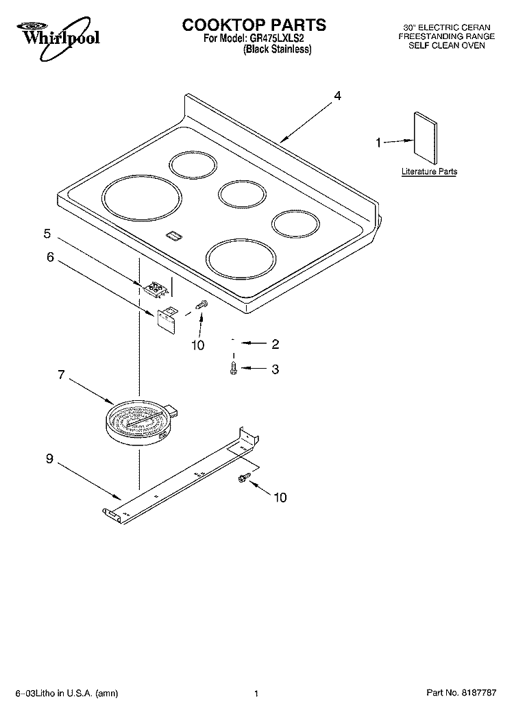 COOKTOP PARTS Diagram and Parts List for GR475LXLS2  Whirlpool Range