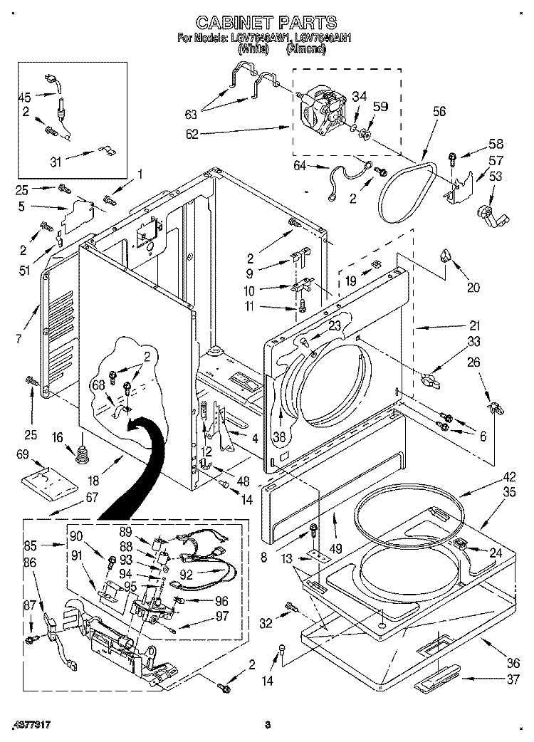 CABINET Diagram and Parts List for LGV7646AW1  Whirlpool Dryer