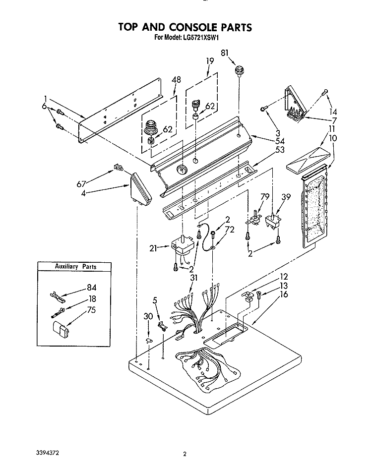TOP AND CONSOLE, LIT/OPTIONAL Diagram and Parts List for LG5721XSW1  Whirlpool Dryer