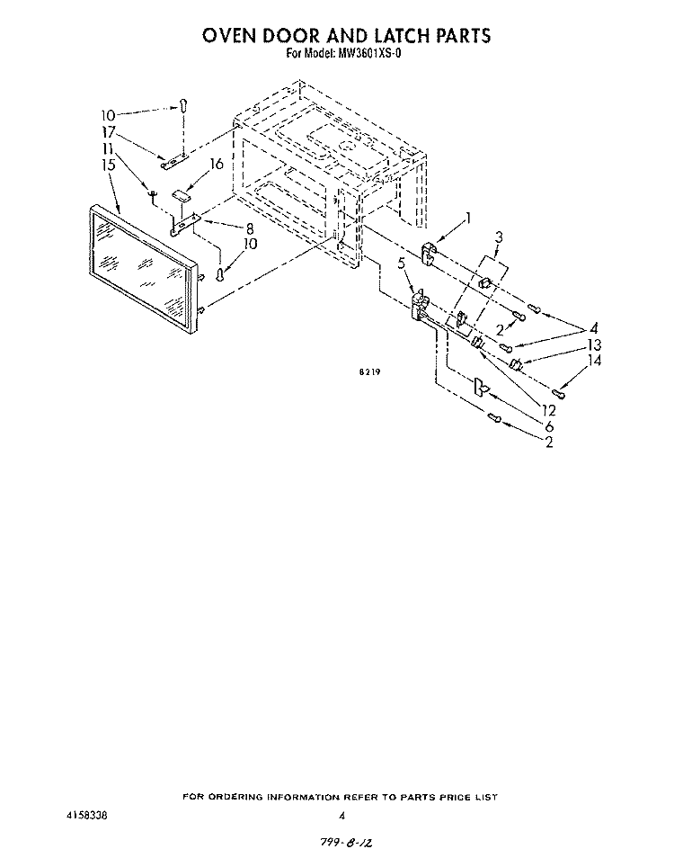 OVEN DOOR AND LATCH Diagram and Parts List for MW3601XS0  Whirlpool Microwave