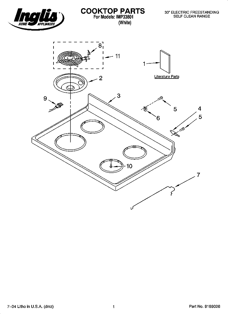 COOKTOP PARTS Diagram and Parts List for IMP33801  Inglis Range