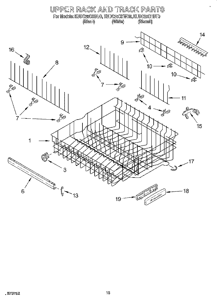 UPPER RACK AND TRACK Diagram and Parts List for KUDC25CHBL0  KitchenAid Dishwasher