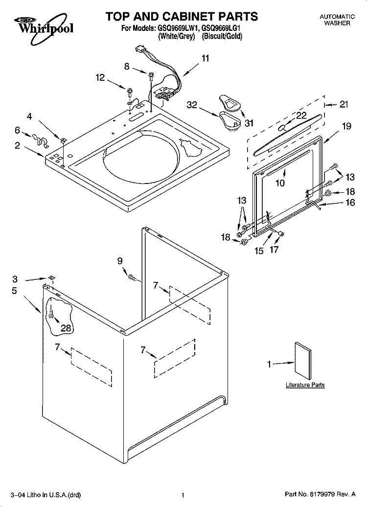 TOP AND CABINET PARTS Diagram and Parts List for GSQ9669LW1  Whirlpool Washer