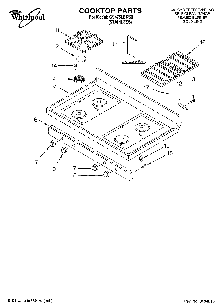 COOKTOP, LITERATURE Diagram and Parts List for GS475LEKS0  Whirlpool Range
