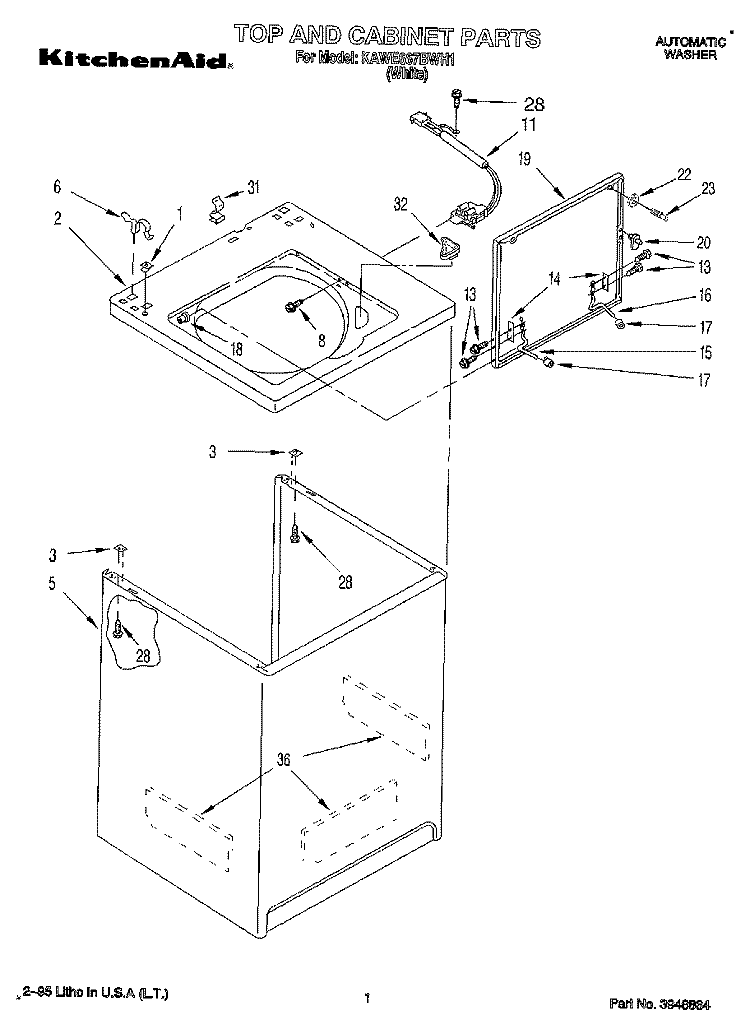 TOP AND CABINET, LIT/OPTIONAL Diagram and Parts List for KAWE667BWH1  KitchenAid Washer