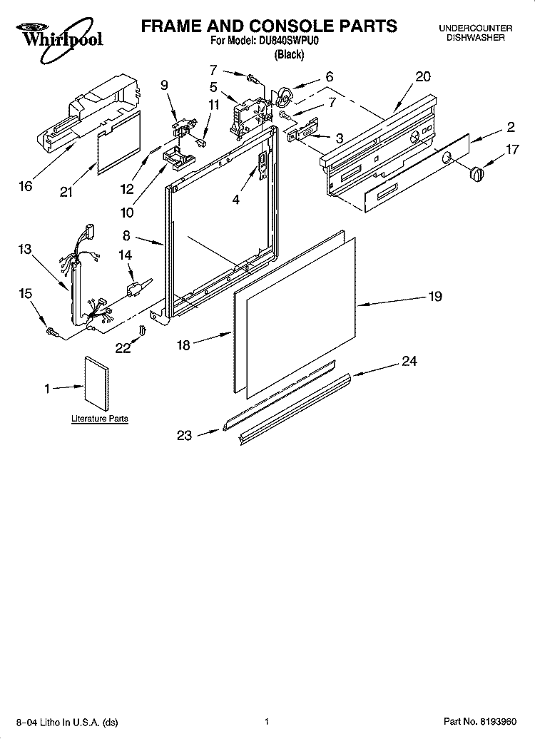 FRAME AND CONSOLE PARTS Diagram and Parts List for DU840SWPU0  Whirlpool Dishwasher