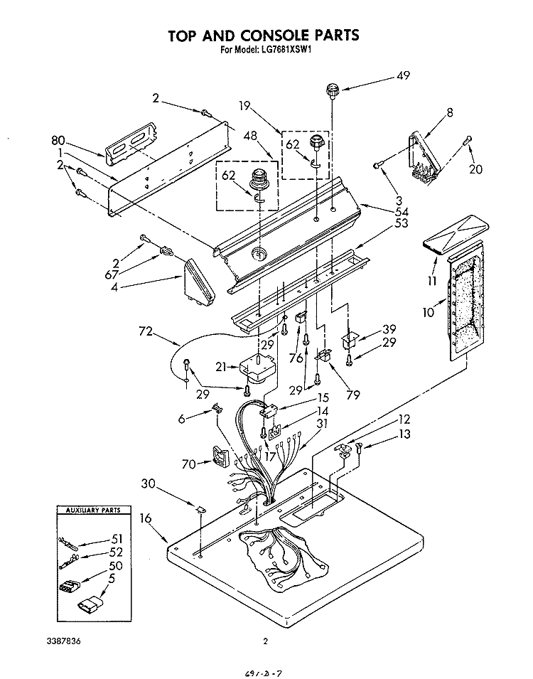 TOP AND CONSOLE , LITERATURE AND OPTIONAL Diagram and Parts List for LG7681XSW1  Whirlpool Dryer