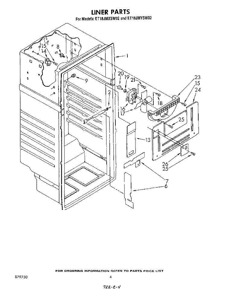 LINER Diagram and Parts List for ET18JMYSG02  Whirlpool Refrigerator