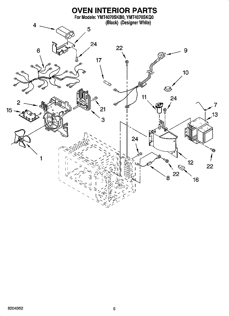 OVEN INTERIOR PARTS Diagram and Parts List for YMT4070SKQ0  Whirlpool Microwave
